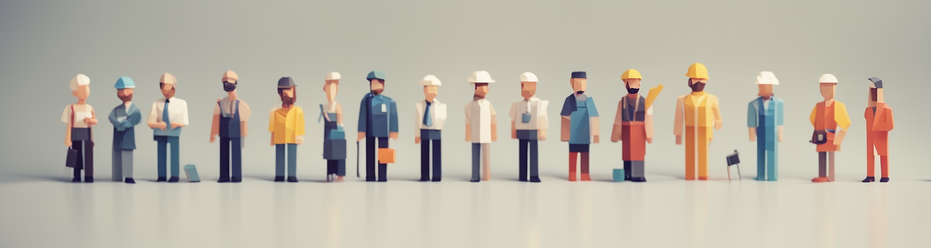 Multiple persons with different work clothes standing next to each other symbolizing diverse topics.