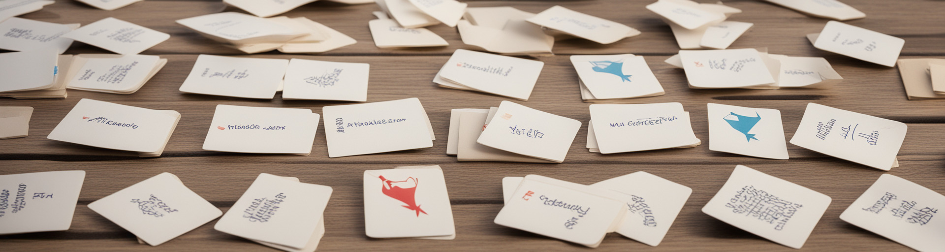 Many flashcards on a table.