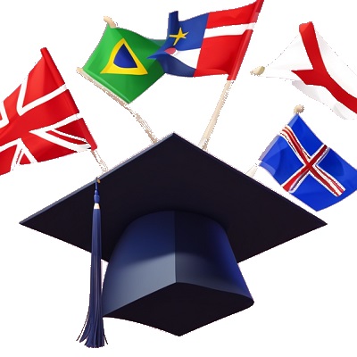 Website logo featuring a graduation cap adorned with multiple flags, symbolizing international
      education.