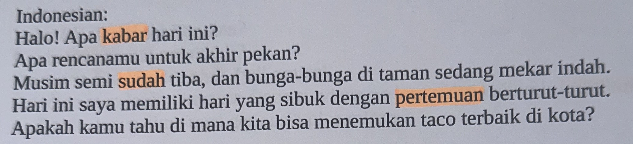 A bookpage in Indonesian language with some highlighted words.