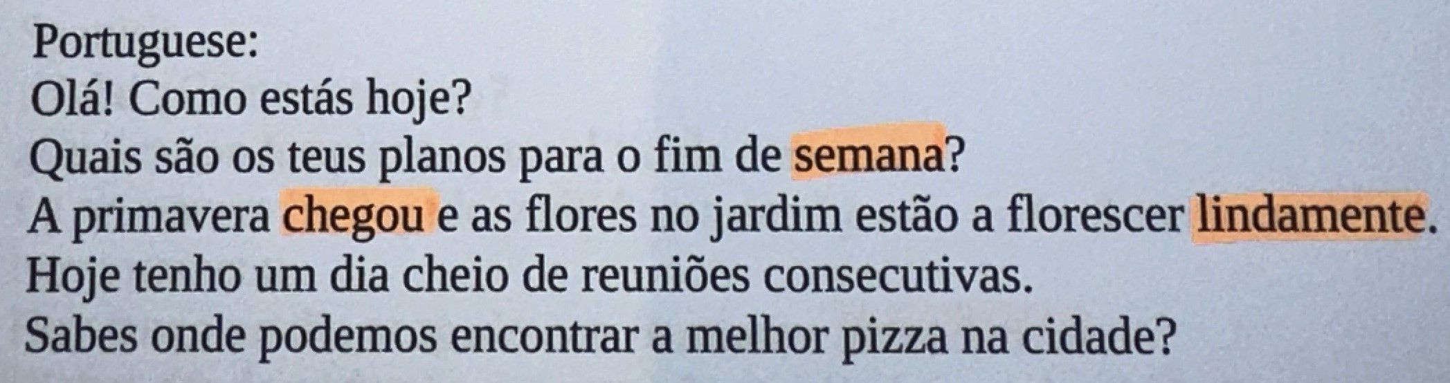 A bookpage in Portuguese language with some highlighted words.