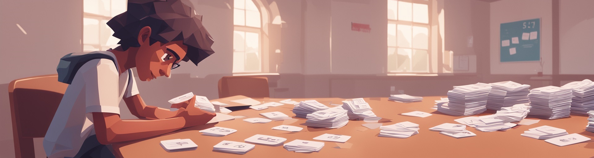 A student in front of a massive pile of flashcards.