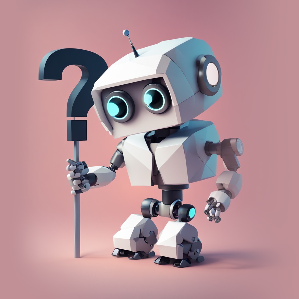 A robot holding a question mark.