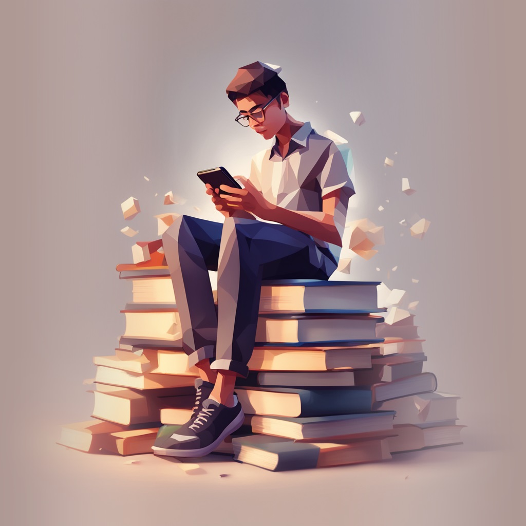 A student sitting on books.