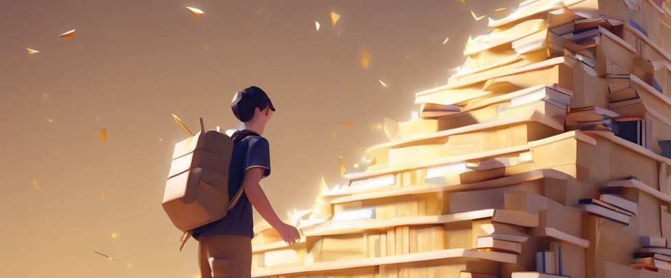 A student climbing a staircase of books symbolizing the steps to success in language learning.